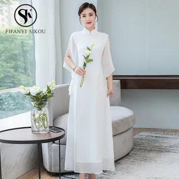 Kinų Tradicinė Suknelė Lady Derliaus Elegantiškas Modernus Cheongsam moterų 2019 m. Vasaros Mados Atsitiktinis Qipao Ilga Suknelė Plius dydis