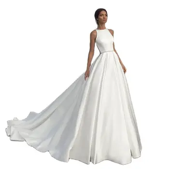 Paprastos Linijos, Satino Vestuvių Suknelės Boho Iliuzija Appliques Nėrinių Paplūdimio Vestuvių Suknelė Princesė Vestuvės Dress 2020 M.