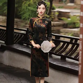 Spausdinti Gėlių Sexy Lady, Veliūras Cheongsam Derliaus Mygtuką Vakare Šalis Suknelė Plonas Qipao Mandarinų Apykaklės Didelis Dydis Kinijos Vestidos