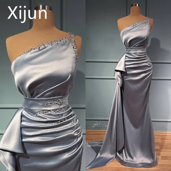 Xijun Lentjuostės Undinė Prom Dresses Kristalai Vieną Petį Plisuotos Pusės Split Arabų Moterų Vakarinės Suknelės Chalatai De Soirée