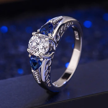 Širdies formos korėjos versija su deimantais, akvamarinas Hao akmens žiedas, mados ponios žiedas, mėlyna kristalų žiedas, papuošalų mados